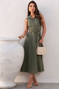 Vestido Rose Midi Aberto Com Botão e Faixa - Verde