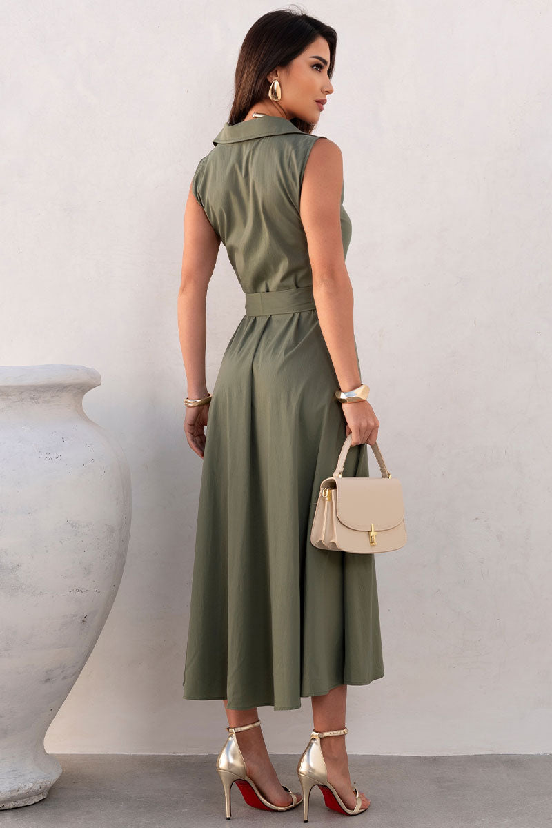Vestido Rose Midi Aberto Com Botão e Faixa - Verde