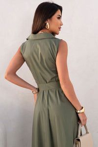 Vestido Rose Midi Aberto Com Botão e Faixa - Verde