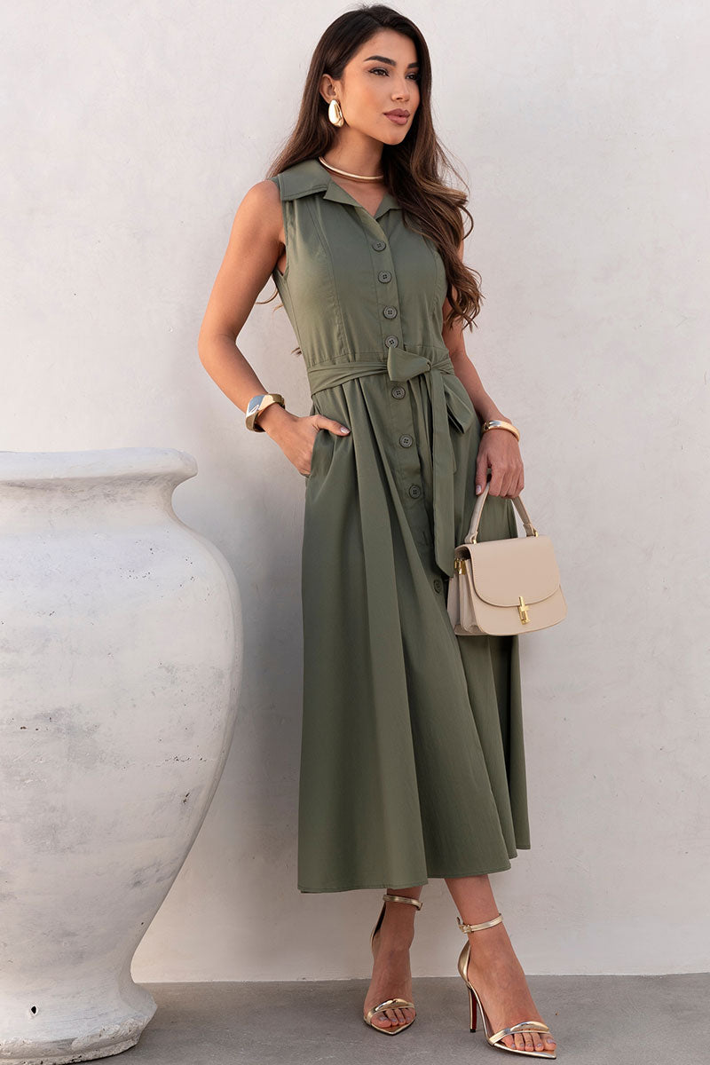 Vestido Rose Midi Aberto Com Botão e Faixa - Verde