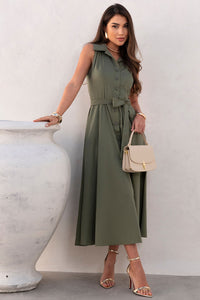 Vestido Rose Midi Aberto Com Botão e Faixa - Verde