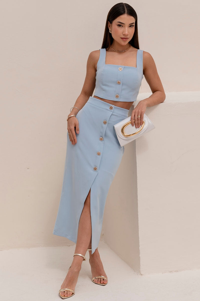 Conjunto Nubia Saia Com Cropped e Botões - Azul