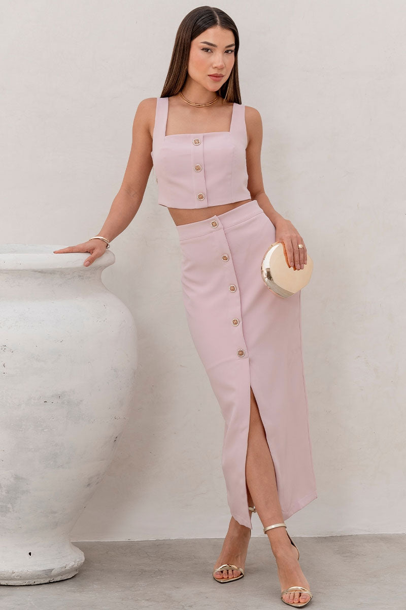 Conjunto Nubia Saia Com Cropped e Botões - Rosa