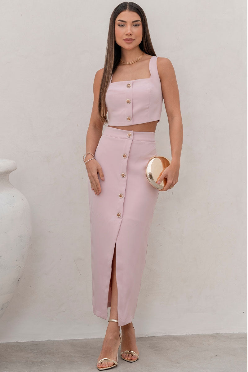 Conjunto Nubia Saia Com Cropped e Botões - Rosa