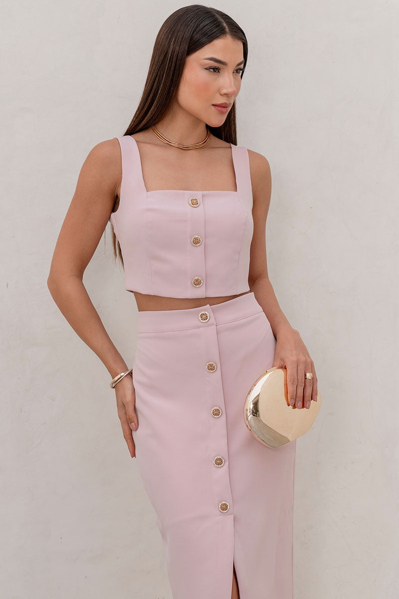Conjunto Nubia Saia Com Cropped e Botões - Rosa