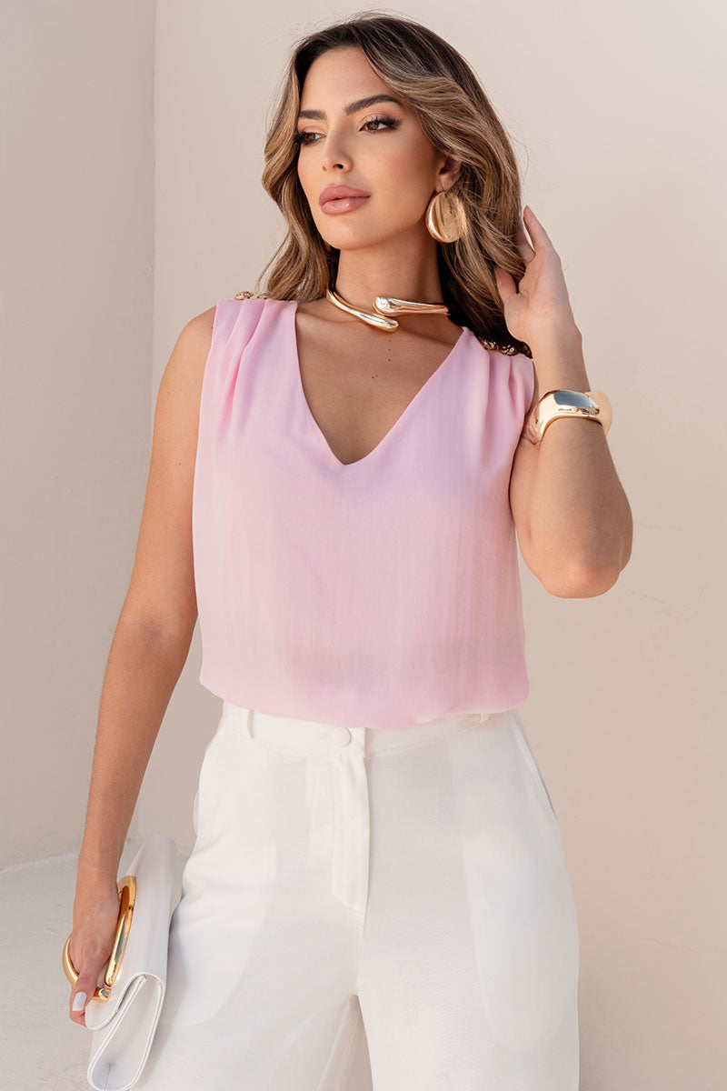 Blusa Dora Crepe Com Detalhe Botão no Ombro - Rosa