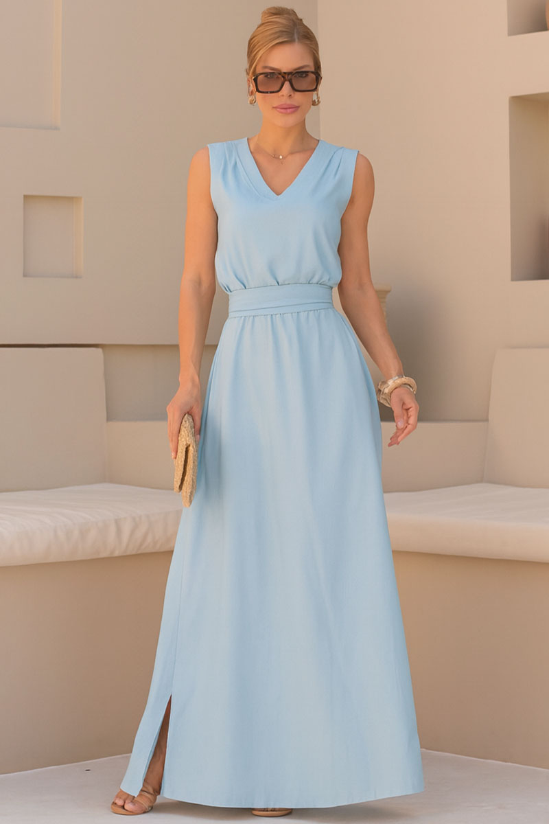 Vestido Ofélia Linho Decote V Longo Com Faixa - Azul