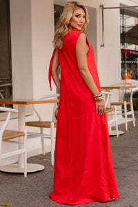 Vestido Ofélia Linho Decote V Longo Com Faixa - Vermelho