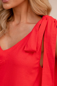 Vestido Ofélia Linho Decote V Longo Com Faixa - Vermelho