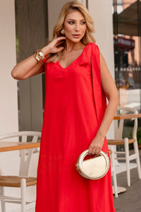 Vestido Ofélia Linho Decote V Longo Com Faixa - Vermelho
