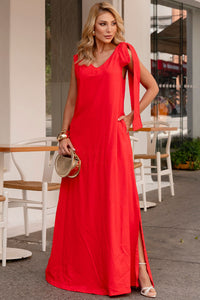 Vestido Ofélia Linho Decote V Longo Com Faixa - Vermelho
