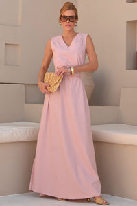 Vestido Ofélia Linho Decote V Longo Com Faixa - Rosa