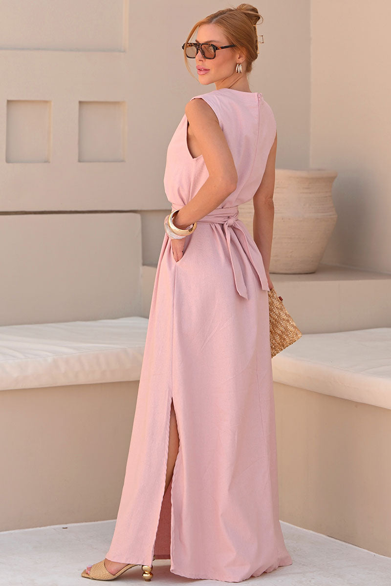 Vestido Ofélia Linho Decote V Longo Com Faixa - Rosa