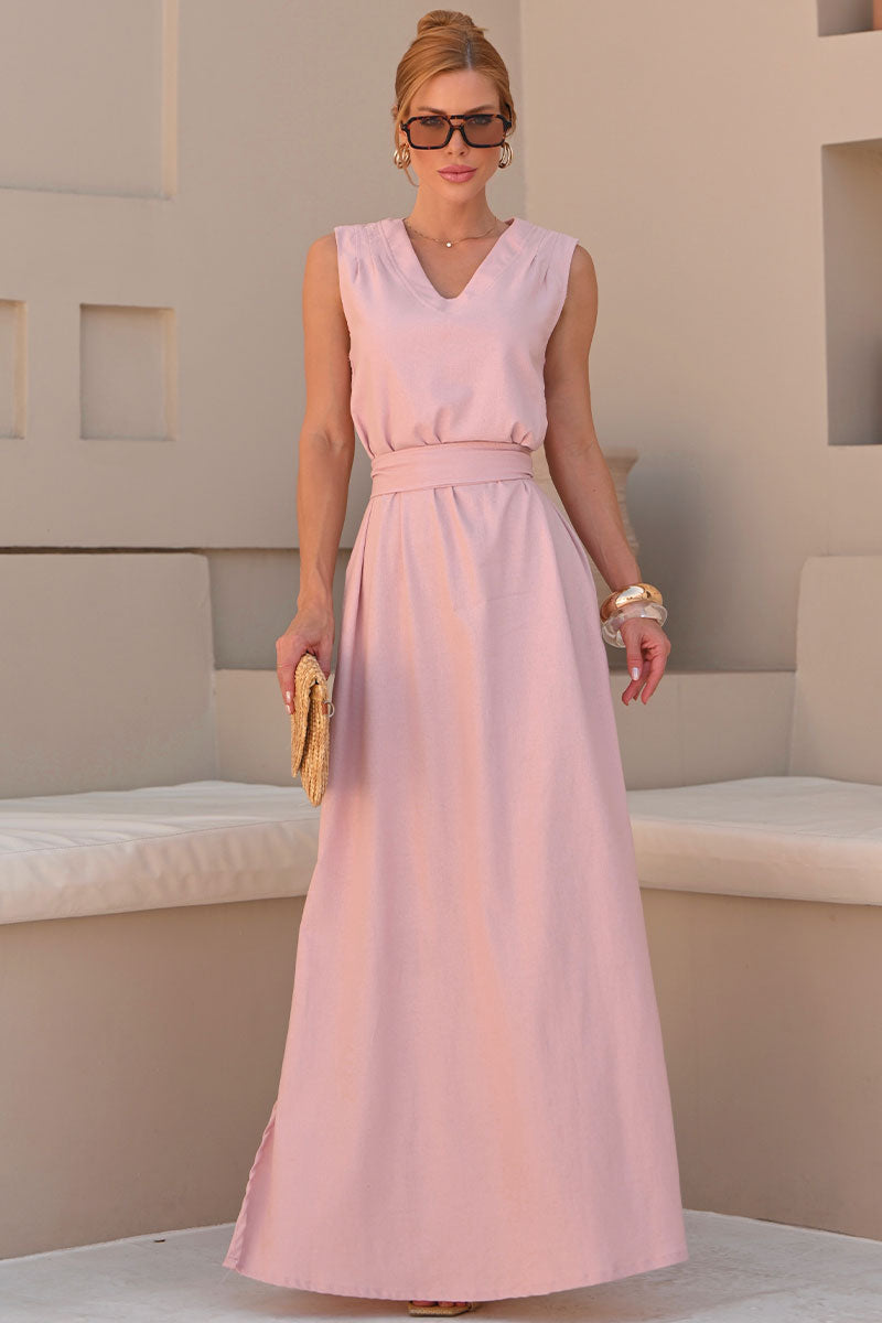 Vestido Ofélia Linho Decote V Longo Com Faixa - Rosa