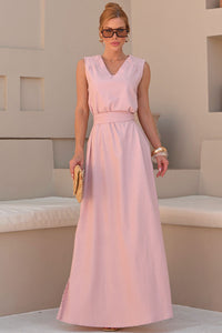 Vestido Ofélia Linho Decote V Longo Com Faixa - Rosa