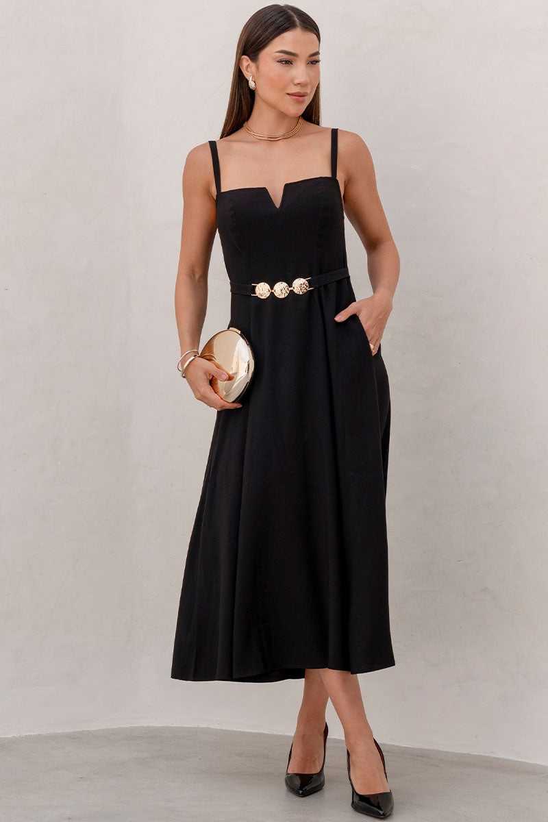 Vestido Brenda Com Decote V e Alças Detalhe Metal Na Frente - Preto