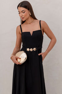 Vestido Brenda Com Decote V e Alças Detalhe Metal Na Frente - Preto