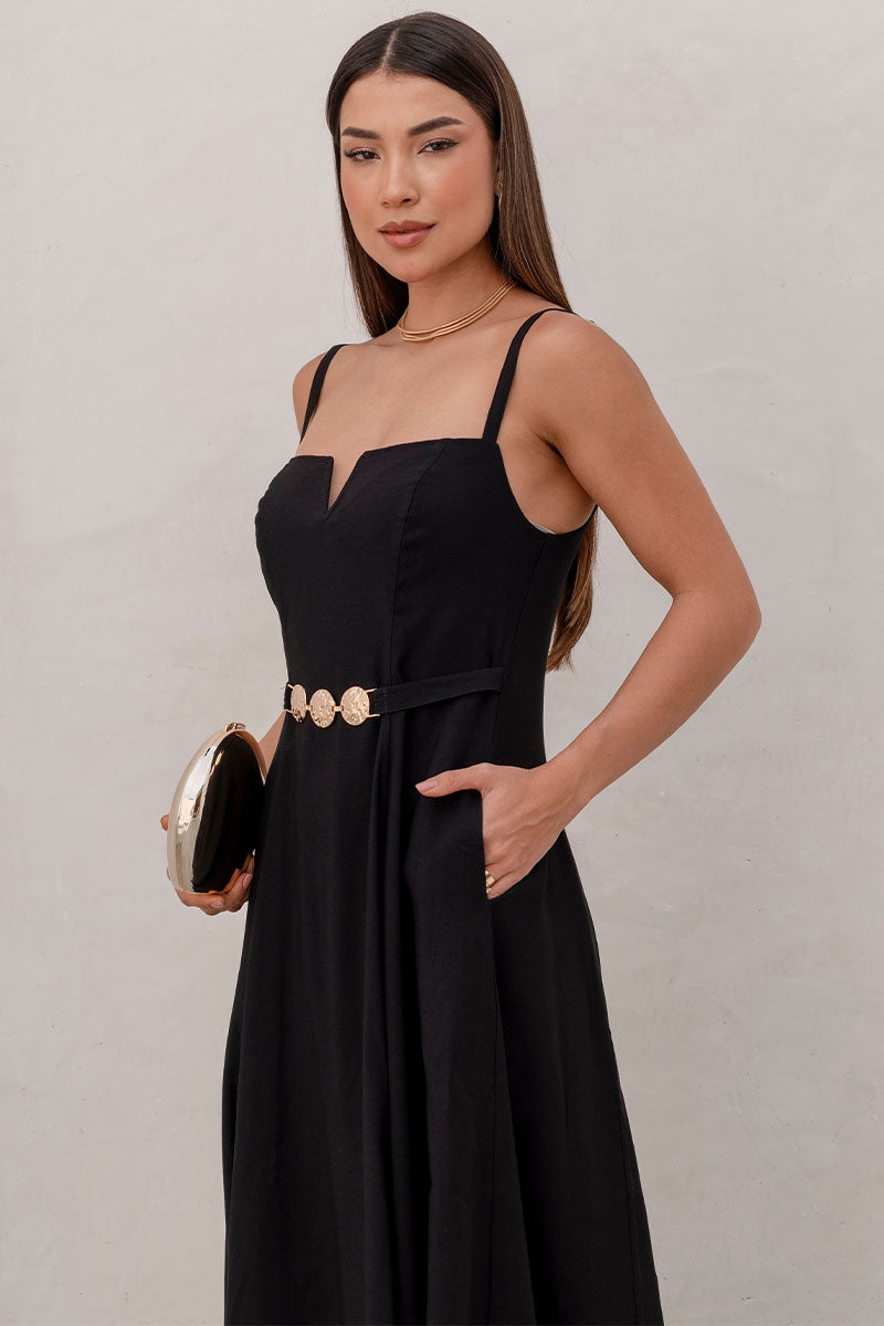 Vestido Brenda Com Decote V e Alças Detalhe Metal Na Frente - Preto