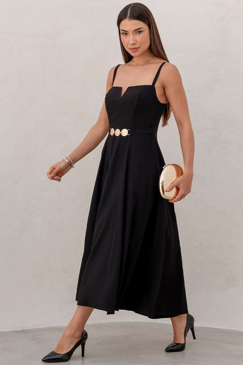 Vestido Brenda Com Decote V e Alças Detalhe Metal Na Frente - Preto