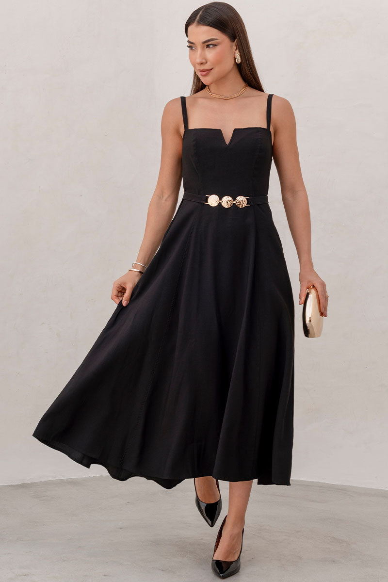Vestido Brenda Com Decote V e Alças Detalhe Metal Na Frente - Preto