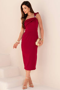Vestido Angelina Midi Um Ombro Só Com Detalhe Metal - Vinho