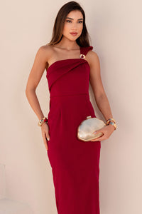 Vestido Angelina Midi Um Ombro Só Com Detalhe Metal - Vinho