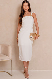 Vestido Angelina Midi Um Ombro Só Com Detalhe Metal - Off White