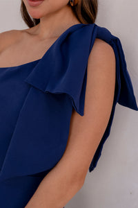 Vestido Glaucia Um Ombro Só Com Laco - Azul Marinho
