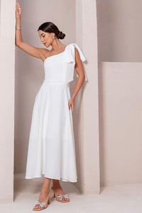 Vestido Glaucia Um Ombro Só Com Laço - Off White