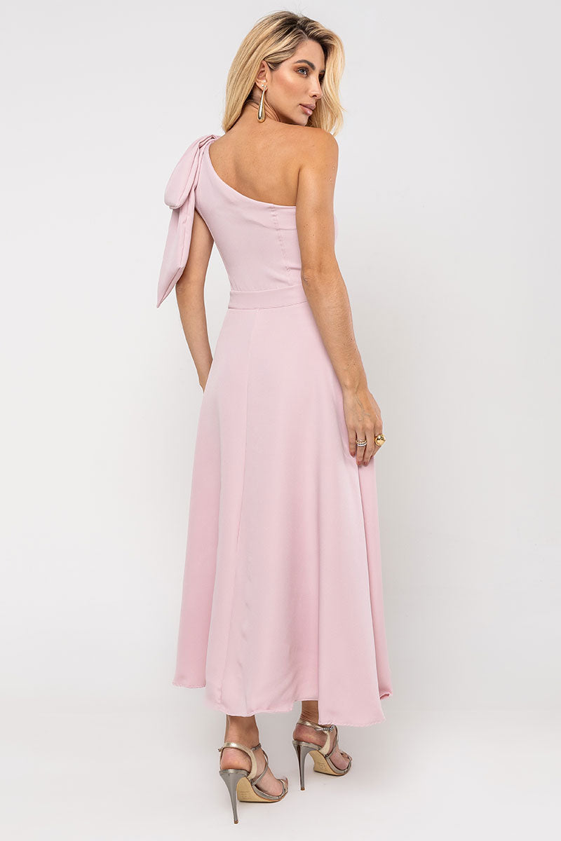 Vestido Glaucia Um Ombro Só Com Laço - Rosa