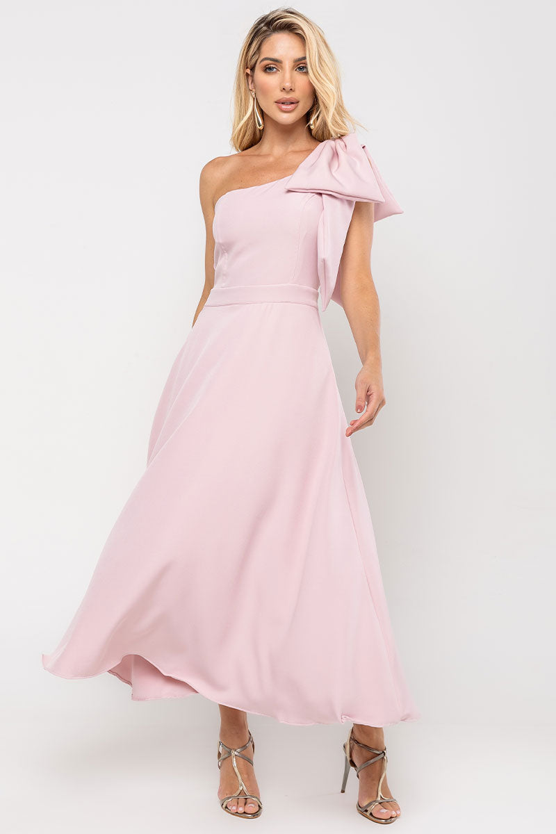 Vestido Glaucia Um Ombro Só Com Laço - Rosa