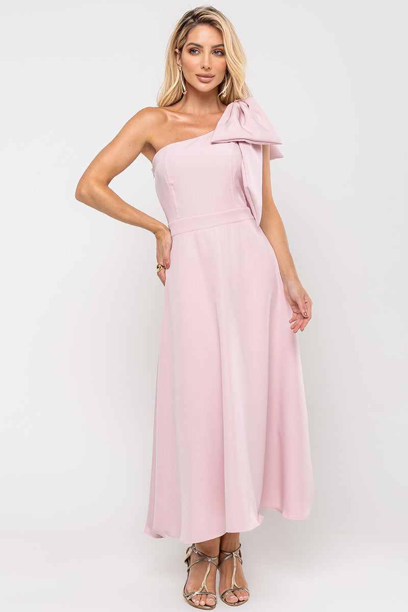 Vestido Glaucia Um Ombro Só Com Laço - Rosa