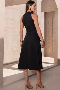 Vestido Flaviana Midi Aberto Com Botão e Bolso - Preto