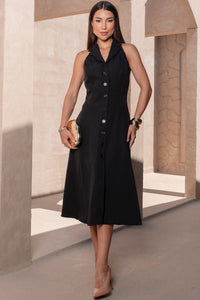 Vestido Flaviana Midi Aberto Com Botão e Bolso - Preto