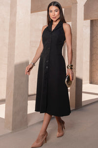 Vestido Flaviana Midi Aberto Com Botão e Bolso - Preto