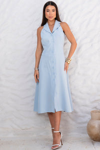 Vestido Flaviana Midi Aberto Com Botão e Bolso - Azul