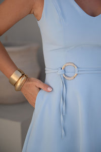 Vestido Luiza Decote V Com Detalhe Cinto - Azul