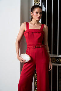 Macacão Kesia Longo Com Detalhe e Cinto - Vermelho