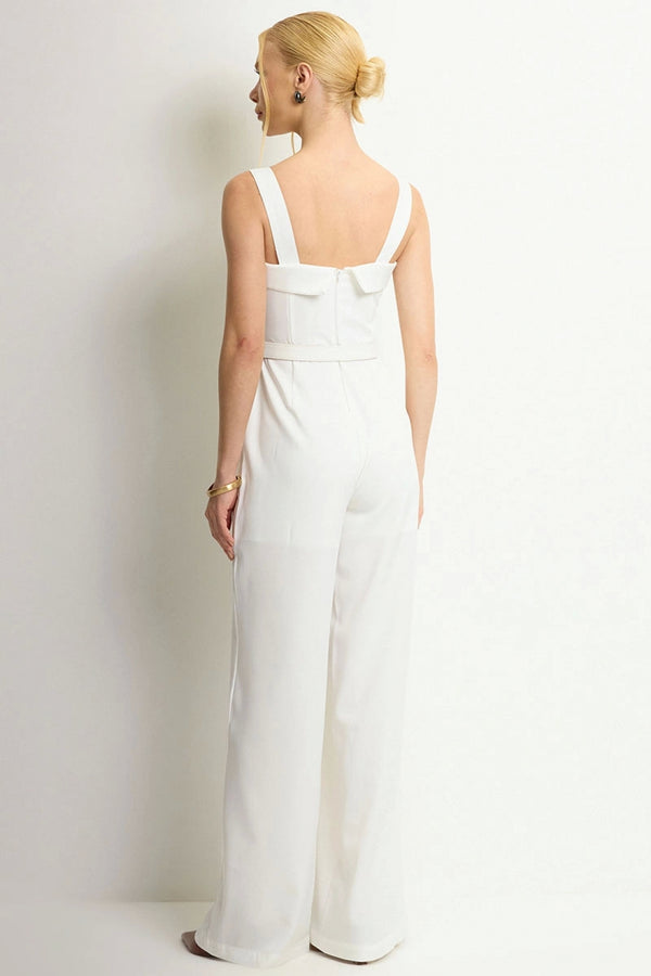 Macacão Kesia Longo Com Detalhe e Cinto - Off White