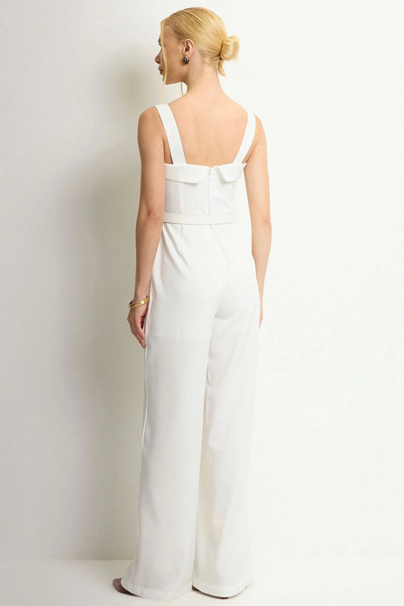 Macacão Kesia Longo Com Detalhe e Cinto - Off White