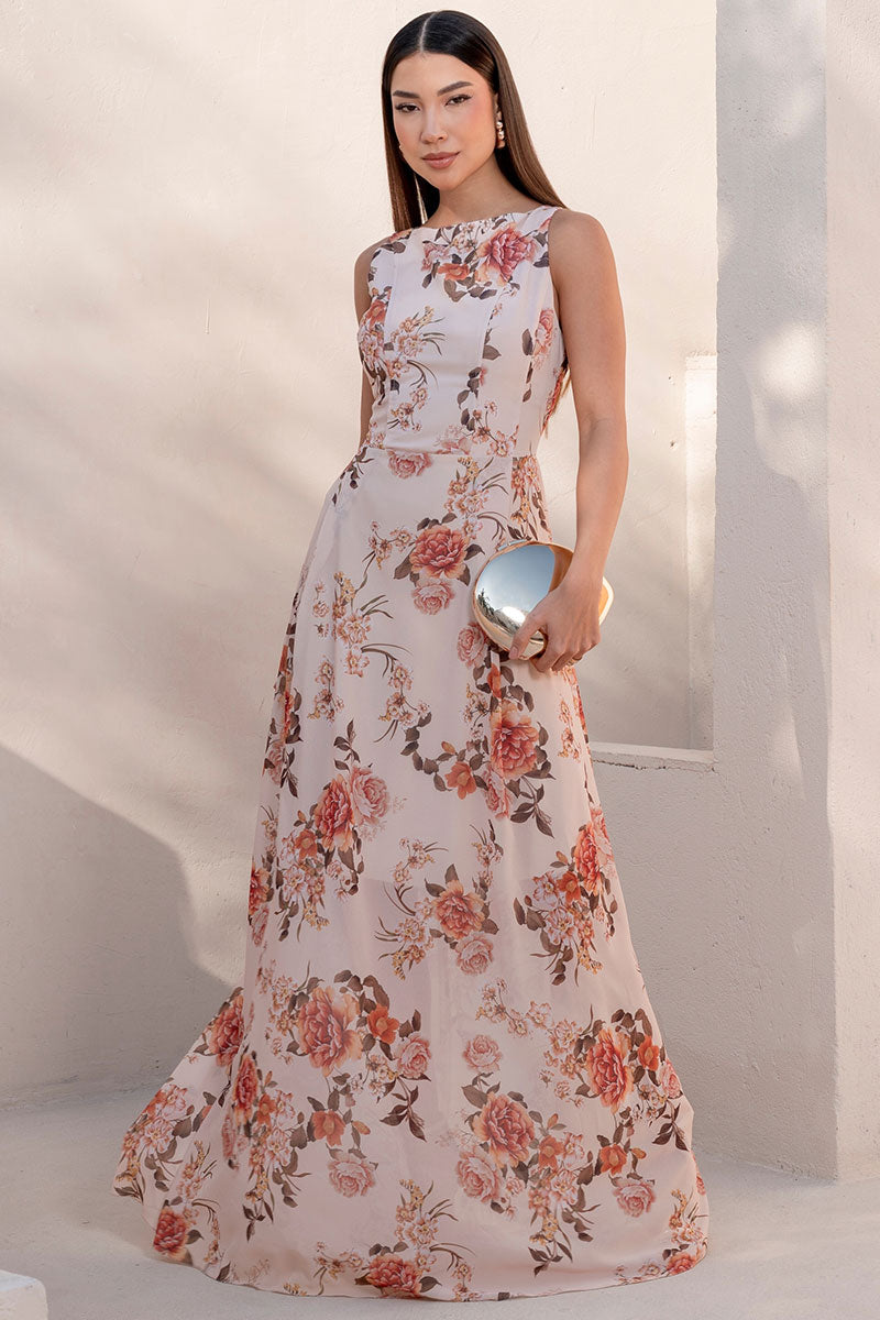 Vestido Mirela Crepe Estampado Longo - Bege