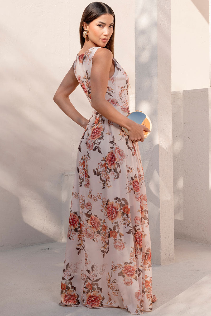 Vestido Mirela Crepe Estampado Longo - Bege