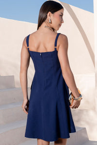 Vestido Lorena Evasê Com Alças Bolso - Azul Marinho
