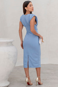 Vestido Ines Midi Decote V Franzido Na Cintura - Azul