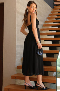 Vestido Cristina Midi Crepe Com Franzido no Busto - Preto