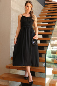 Vestido Cristina Midi Crepe Com Franzido no Busto - Preto