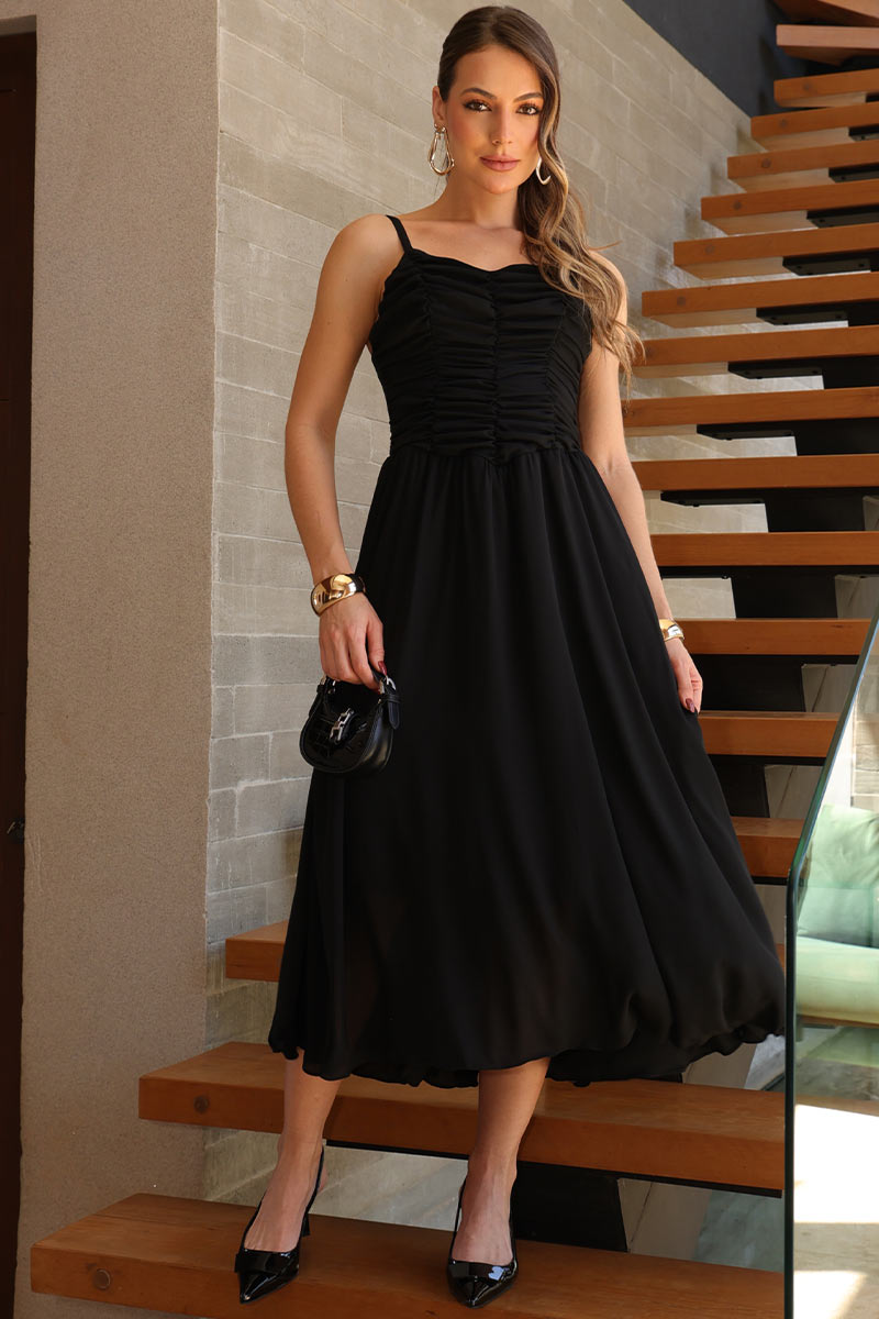 Vestido Cristina Midi Crepe Com Franzido no Busto - Preto