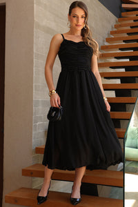 Vestido Cristina Midi Crepe Com Franzido no Busto - Preto