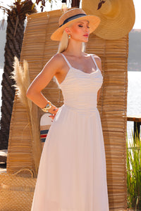 Vestido Cristina Midi Crepe Com Franzido no Busto - Bege