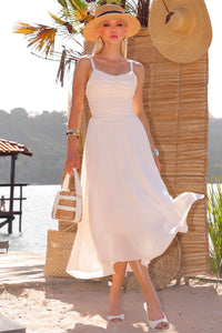 Vestido Cristina Midi Crepe Com Franzido no Busto - Bege